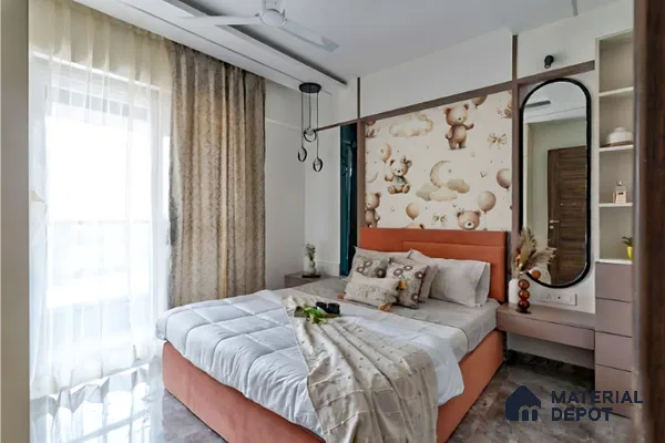 Modern kids bedroom with teddy bear patterned wallpaper, suede upholstered bed, and marble look floor tile in Sumadhura Srinivasam Hoodi 4 BHK apartment Bengaluru