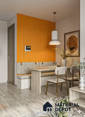 Scandinavian dining room with orange fluted wall panels and light oak wooden flooring in Sumadhura Srinivasam Hoodi 4 BHK apartment Bengaluru