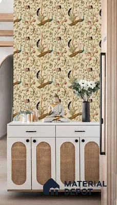 Eclectic pooja room with cane cabinet shutters and Indian peacock patterned wallpaper in Sumadhura Srinivasam Hoodi 4 BHK apartment Bengaluru