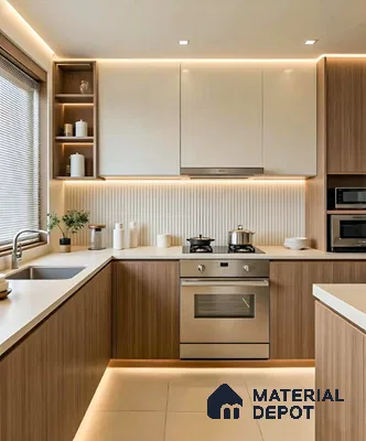 Modern kitchen with walnut wood laminate, frosty white laminate, and fluted backsplash tile in Sumadhura Srinivasam Hoodi 4 BHK apartment Bengaluru