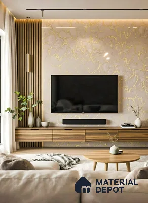 Modern living room with gold vein marble laminate TV wall and walnut wood laminate floating cabinet in Sumadhura Srinivasam Hoodi 4 BHK apartment Bengaluru