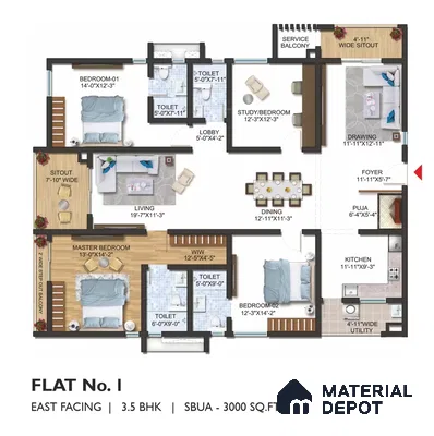 Modern apartment floor plan with wooden flooring, grey tile, and neutral wall finishes