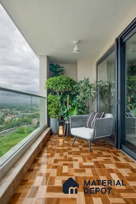 Modern balcony with glossy parquet wood-look floor tiles and glass railing