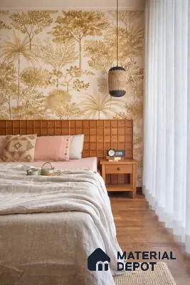 Japandi bedroom with natural wood flooring, grid wood headboard, and beige botanical wallpaper