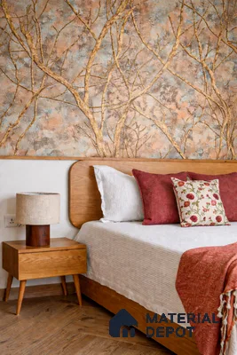 Mid-century modern bedroom with natural wood bed, floral wallpaper, and herringbone wooden flooring