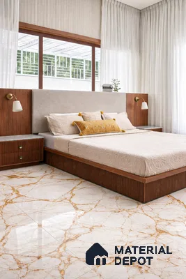 Modern bedroom with walnut wood bed, beige upholstered headboard, and white marble floor tiles with gold veins