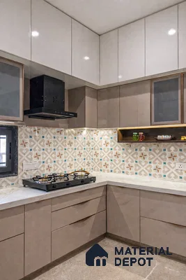 Modern dual tone kitchen with beige and frosty white laminate, patterned backsplash tile, and white marble countertop
