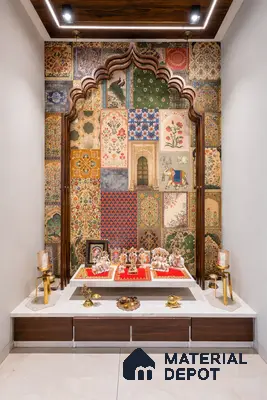 Traditional pooja room with floral patterned wallpaper, white marble platform, and walnut wood laminate drawers