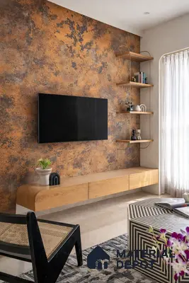 Modern living room with rust metallic effect wallpaper and oak wood laminate TV unit