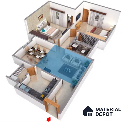 Modern living room with beige floor tiles and neutral palette in open plan layout