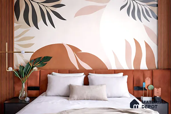 Modern bedroom with terracotta suede upholstered bed, abstract botanical wallpaper, and vertical wood louvers