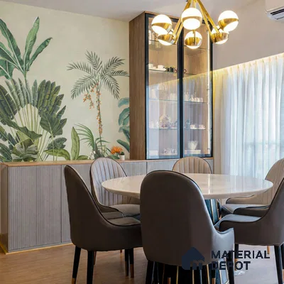 Modern dining room with tropical wallpaper, fluted panel sideboard, and wooden flooring