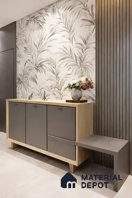 Modern foyer with taupe floral wallpaper, grey matte laminate cabinet, and vertical wood-look louvers