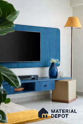 Modern TV unit with blue fluted laminate panel and floating cabinet