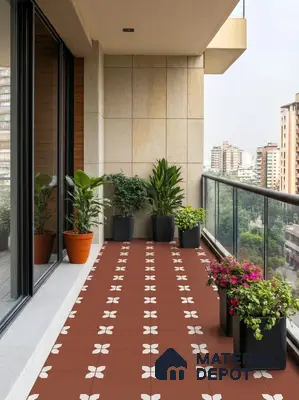 Modern balcony with terracotta patterned floor tiles and beige stone wall cladding in 3 BHK apartment Suncity Gloria Sarjapur Road Bengaluru