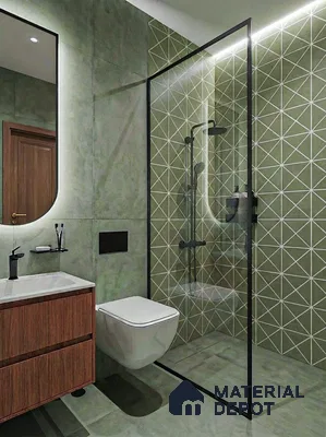 Modern bathroom with sage green geometric wall tiles and wood vanity in 3 BHK apartment Suncity Gloria Sarjapur Road Bengaluru