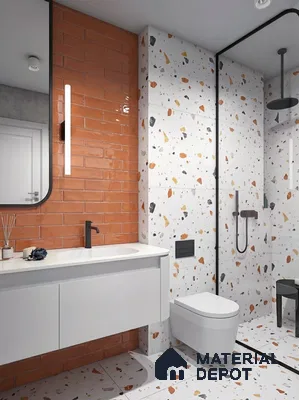Modern bathroom with terracotta subway wall tiles and terrazzo wall and floor tiles in 3 BHK apartment Suncity Gloria Sarjapur Road Bengaluru
