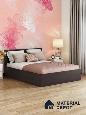 Modern bedroom with floral pink wallpaper and light oak wooden flooring in 3 BHK apartment Suncity Gloria Sarjapur Road Bengaluru