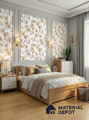 Scandinavian bedroom with floral wallpaper, light oak wood furniture, and wooden flooring in 3 BHK apartment Suncity Gloria Sarjapur Road Bengaluru