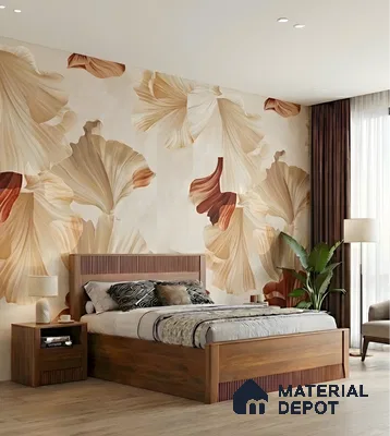 Modern bedroom with large floral wallpaper and natural wood bed in 3 BHK apartment Suncity Gloria Sarjapur Road Bengaluru