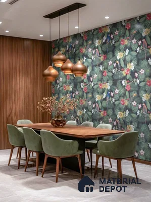 Modern dining room with tropical floral wallpaper, walnut wood paneling, and sage green velvet chairs in 3 BHK apartment Suncity Gloria Sarjapur Road Bengaluru