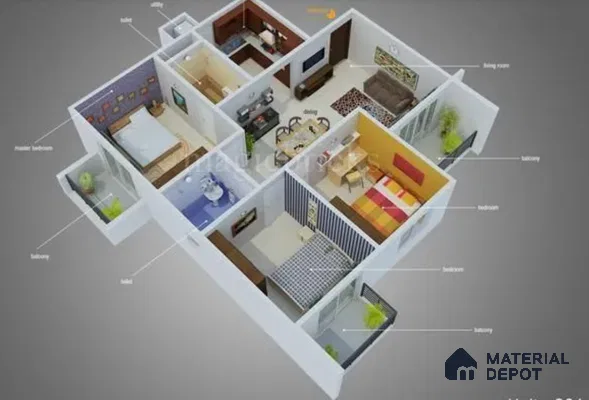 Modern 3BHK apartment layout with wood laminate flooring, patterned tiles, and neutral wall finishes in 3 BHK apartment Suncity Gloria Sarjapur Road Bengaluru