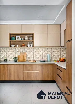 Modern kitchen with beige and oak wood laminate, patterned moroccan backsplash tile, and white quartz countertop in 3 BHK apartment Suncity Gloria Sarjapur Road Bengaluru