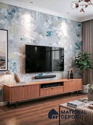 Mid-century modern living room with abstract wallpaper and walnut wood TV unit in 3 BHK apartment Suncity Gloria Sarjapur Road Bengaluru