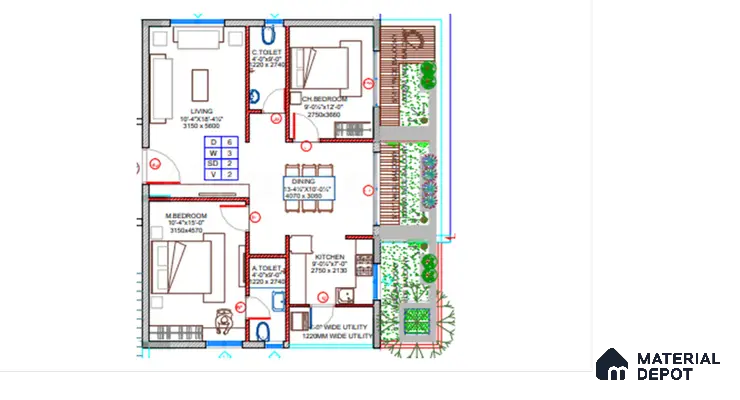 Modern 2BHK apartment floor plan with living, dining, kitchen, bedrooms, utility, and balcony garden