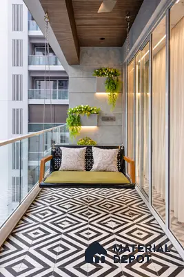 Modern balcony with geometric black-and-white floor tiles and wood ceiling panel