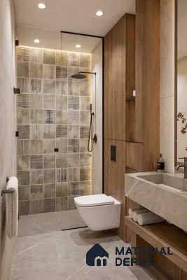 Modern bathroom with beige marble tiles, wood-look panels, and patterned accent shower wall