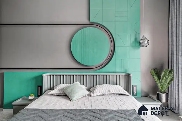 Modern bedroom with mint green geometric accent wall panels and grey painted surfaces