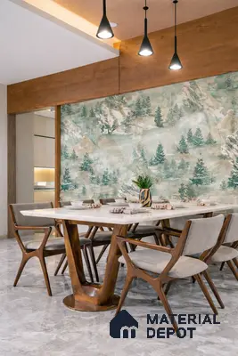 Mid-century modern dining room with marble floor, natural wood dining set, and nature-inspired wallpaper