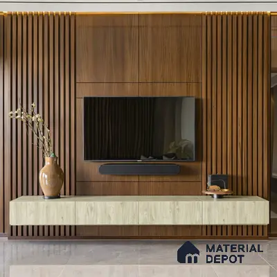 Modern TV unit with walnut brown wood laminate louvers and light oak floating cabinet