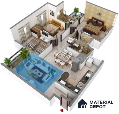 Modern living room with white and grey sofas, glass center table, and beige floor tiles in 3 BHK apartment Supertech Micasa Bellahalli Bengaluru