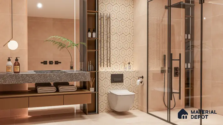 Modern bathroom with beige stone tiles, terrazzo countertop, and geometric hexagonal highlighter wall tiles in 3 BHK apartment Supertech Micasa Bellahalli Bengaluru