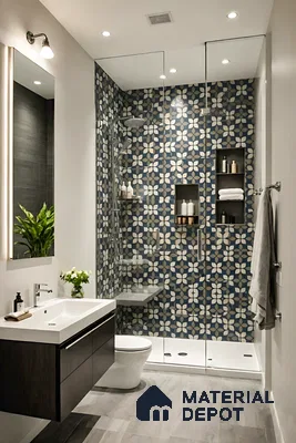 Modern bathroom with blue and white geometric floral wall tiles and grey wood-look floor tiles in 3 BHK apartment Supertech Micasa Bellahalli Bengaluru