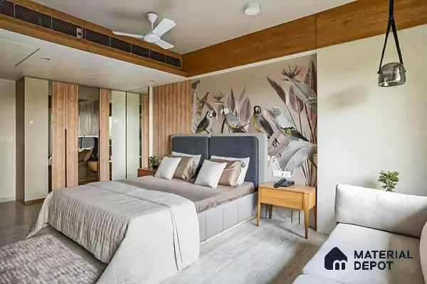 Modern bedroom with bird-themed floral wallpaper, light wood louvers, and mirrored wardrobe in 3 BHK apartment Supertech Micasa Bellahalli Bengaluru