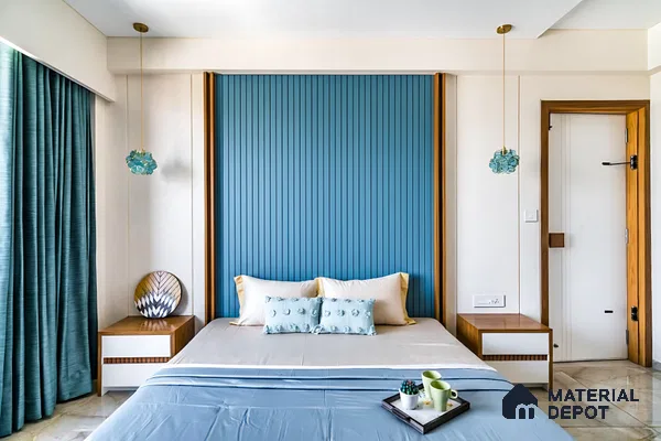 Modern bedroom with blue fluted wall panel, wooden accents, and teal drapery in 3 BHK apartment Supertech Micasa Bellahalli Bengaluru