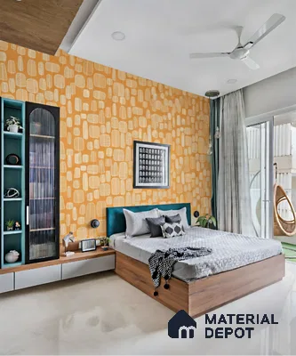 Modern bedroom with mustard geometric wallpaper, teal upholstered headboard, and wood finish bed in 3 BHK apartment Supertech Micasa Bellahalli Bengaluru