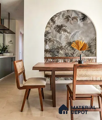Scandinavian dining room with tropical wallpaper accent and natural wood furniture in 3 BHK apartment Supertech Micasa Bellahalli Bengaluru