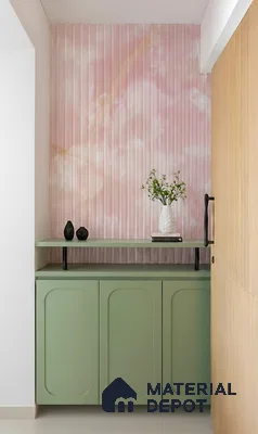 Modern foyer with sage green laminate cabinet and pink fluted marble-look wall panel in 3 BHK apartment Supertech Micasa Bellahalli Bengaluru