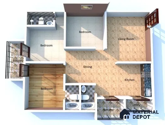 Modern Floor Plan and open plan layout with beige marble-look floor tiles and wood-look bedroom flooring