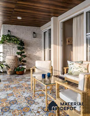 Mediterranean balcony with patterned blue and ochre floor tiles and wood ceiling panels