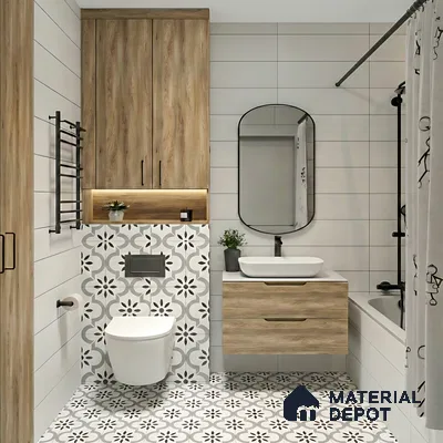 Scandinavian bathroom with oak wood laminate vanity, floral patterned tiles, and white subway wall tiles