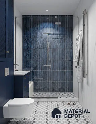 Modern bathroom with blue vertical subway wall tiles and geometric patterned floor tiles