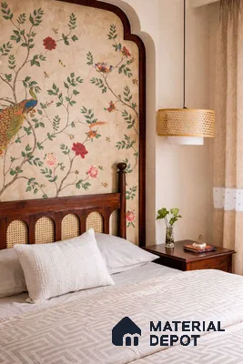 Traditional bedroom with chinoiserie floral wallpaper, cane headboard, and dark wood furniture