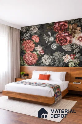 Eclectic bedroom with floral wallpaper, walnut wood bed, and wooden flooring