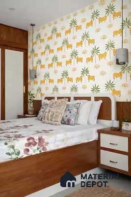 Eclectic bedroom with Indian patterned wallpaper and walnut wood laminate furniture