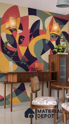 Mid-century modern dining room with abstract geometric wallpaper and walnut wood furniture